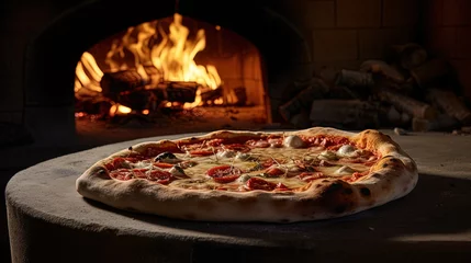Foto op Plexiglas Traditional Pizza Delightfully Baked to Perfection in the Traditional Clay Oven © Magenta Dream