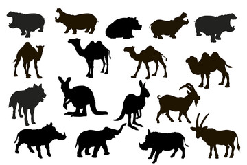 Silhouettes, wild and domestic animals. Vector - obrazy, fototapety, plakaty