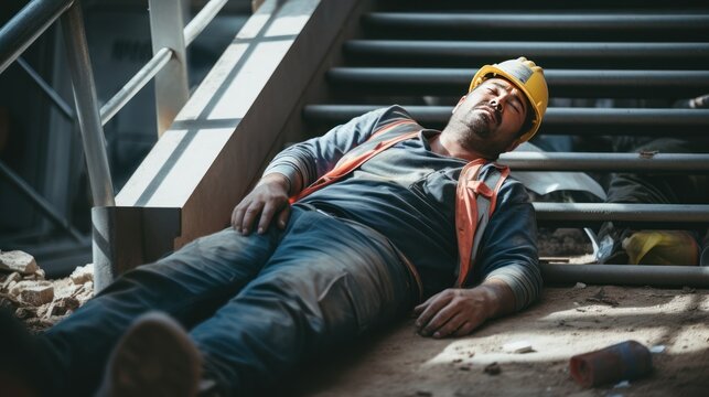 construction site worker There was an accident falling down the stairs. lying unconscious on the floor