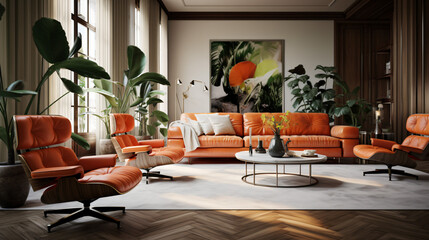 A living room with a orange armchair.