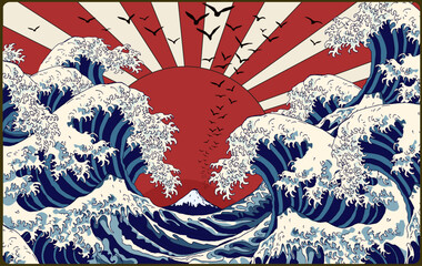 Great sea waves. Red sun in the sky and flying birds. Vector graphic illustration in Asian style.