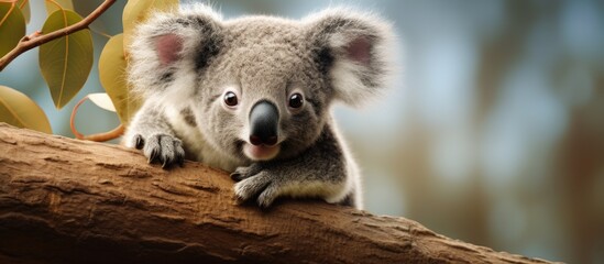 Koala baby on tree limb - obrazy, fototapety, plakaty