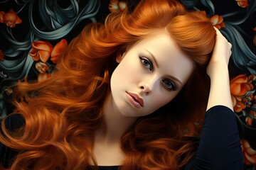 sensuality Redhead beautiful naked sexy passion mystery luxury look hair glamour face elegance attractive beauty brightly caucasian closeup colours cute fashion female fire flirting girl coiffure - obrazy, fototapety, plakaty