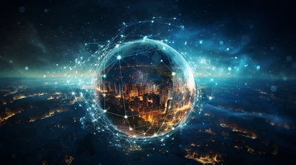 Fotobehang Global Communication Network: Internet Business, Cryptocurrency, IoT, Blockchain - NASA Elements © Nazia