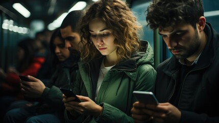 People using mobile phones in train cabin during rush hour - obrazy, fototapety, plakaty
