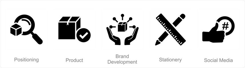 A set of 5 Branding icons as positioning, product, brand development