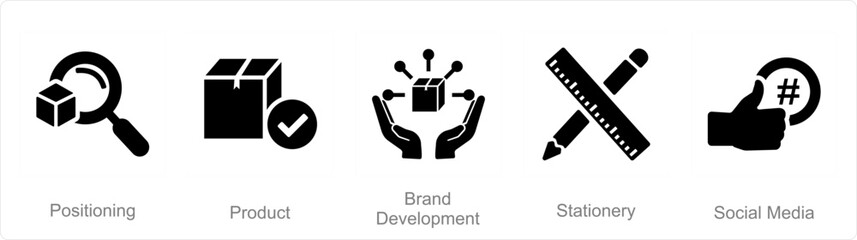 A set of 5 Branding icons as positioning, product, brand development