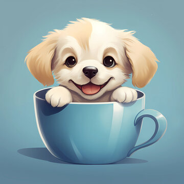 Hand drawn cartoon illustration of puppy in cup
