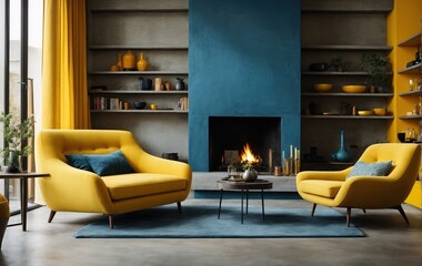 loft home's modern living room features a stunning interior design with a vibrant yellow sofa, blue lounge chair, and a fireplace surrounded by a concrete tile wall