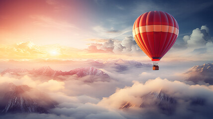 Hot air balloon flying above cloud