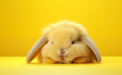 Creative animal concept, relaxed sleeping yellow cute bunny over yellow pastel bright background.