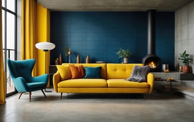 loft home's modern living room features a stunning interior design with a vibrant yellow sofa, blue lounge chair, and a fireplace surrounded by a concrete tile wall