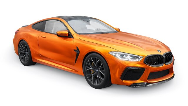 Germany, Berlin. December 10, 2023. BMW M8 2021. Large orange ultra sports coupe GT executive class on a white background. 3d rendering.