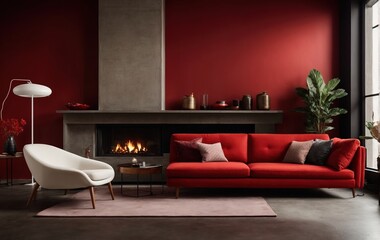 loft home's modern living room features a stunning interior design with a vibrant red sofa, white lounge chair, and a fireplace surrounded by a concrete dark red wall