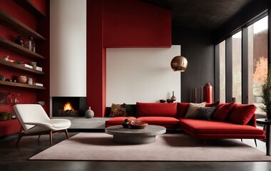 loft home's modern living room features a stunning interior design with a vibrant red sofa, white lounge chair, and a fireplace surrounded by a concrete dark red wall