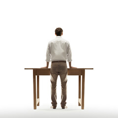 Backside view of man standing near to the table 