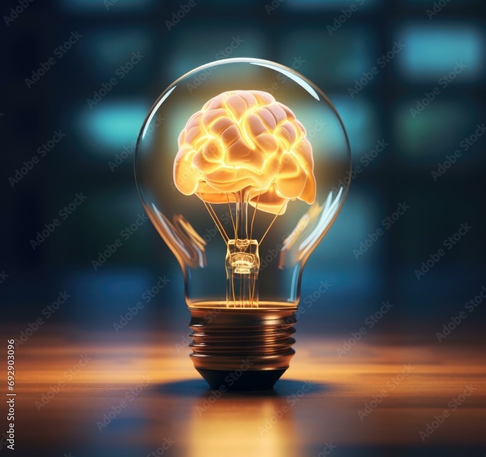 Poster a light bulb with a brain inside. idea. generative ai.