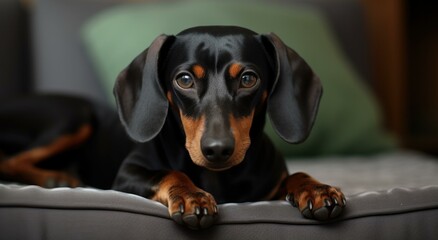 A dachshund dog is laying on a couch. Generative AI.