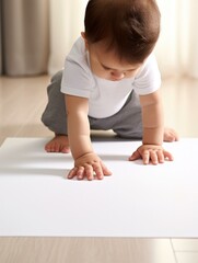 Naklejka premium A baby crawling on the floor on a white sheet. Generative AI.