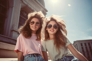 outdoor portrait of young happy teen girls in 90's style, nostalgic photo in retro style