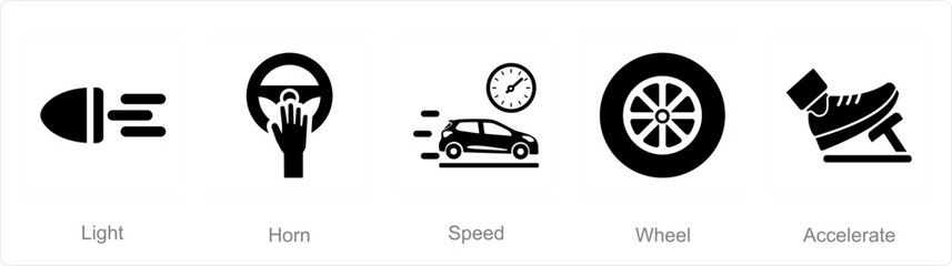 A set of 5 Car icons as light, horn, speed