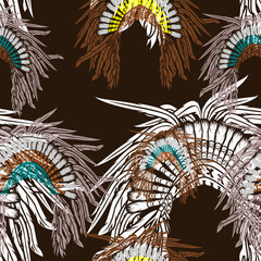 Editable Vector of Front View Native American Headdresses Illustration in Various Colors as Seamless Pattern With Dark Background for Traditional Culture and History Related Design