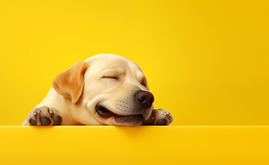 Creative animal concept, relaxed sleeping yellow dog over yellow pastel bright background.