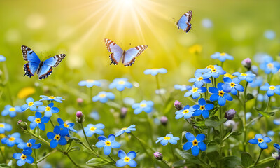 beautiful blue butterflies on a sunny background with blue flowers