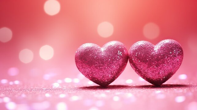 Two adorable hearts, in pink stand out beautifully against a blurry bokeh background of pink hues. This image exudes love and warmth