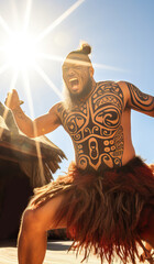 maori traditional dancer with tattoo perming haka on bright sunny day - obrazy, fototapety, plakaty