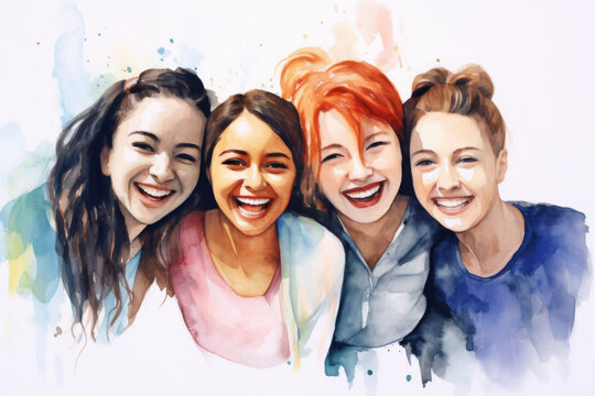 Group, diverse women and watercolour portrait illustration on a white background for human rights protest, awareness and activist. Happy, beautiful and colourful sketch for creative poster design
