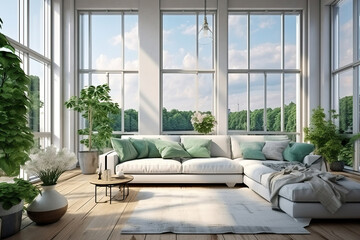 bright airy room interior in scandy nordic natural style decorated with fresh plants, green natural view from the windows