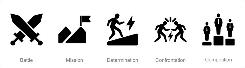 A set of 5 Challenge icons as battle, mission, determination