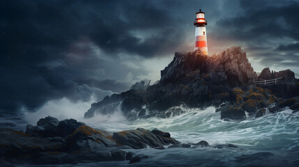 Fototapeta na wymiar Lighthouse lit up on rock