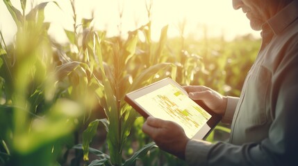 Modern Agriculture: Farmer Embracing Smart Technology with Digital Tablet in Corn Field at Sunset – Smart Farming Interface Icons and Innovation in Agriculture Business