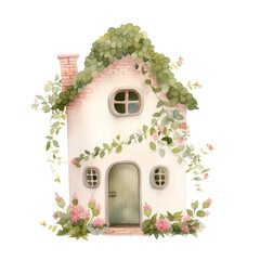 Watercolor illustration of small cute house in the spring season.
