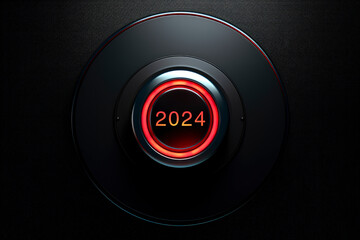 2024 letter on modern black round shaped push button with red light of switching on sign, Business happy new year 2024 cover concept - obrazy, fototapety, plakaty