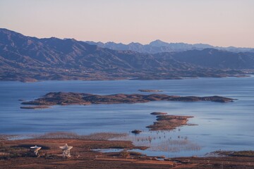 Aerial view of the radio telescopes on the lakeside near Beijing, China