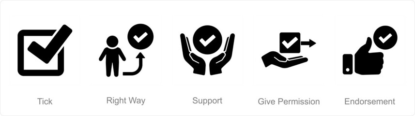 A set of 5 Checkmark icons as tick, right way, support