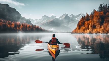 Man kayaking on a lake wild - obrazy, fototapety, plakaty