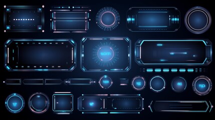 Fototapeta premium Futuristic Holographic HUD UI Elements Vector Set – High-Tech Bars, Frames, and Icons in Circle and Rectangle Shapes
