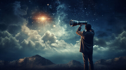 Man looks through a telescope - obrazy, fototapety, plakaty