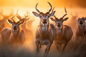 Herd of Antelopes Running in the Golden Sunset Ligh