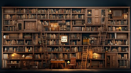 Cozy Home Library Collage: Generative AI Banner Featuring a Spacious Bookcase Filled with Many Books in House Interior