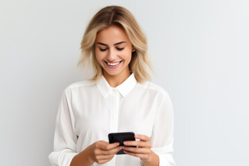 Fototapeta premium Portrait of a beautiful blond woman with a white shirt looking at her mobile phone