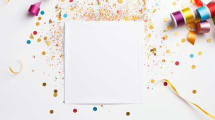 White blank paper greeting card with new year and Christmas decorations, holidays festive mock up comeliness - obrazy, fototapety, plakaty