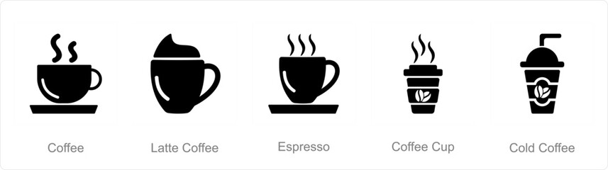 A set of 5 Coffee icons as coffee, latte coffee, espresso
