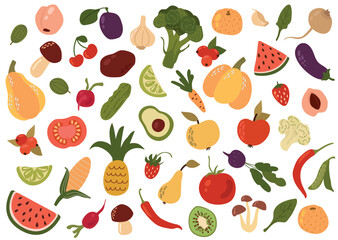 Set of fruits and vegetables on a white isolated background. 