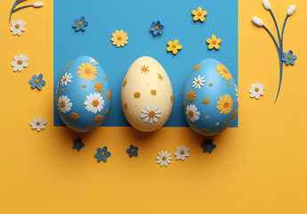 Yellow and blue easter background with painted and decorated eggs