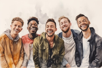 Group, diverse men and watercolour portrait illustration on a white background for human rights protest, awareness and activist. Happy, beautiful and colourful sketch for creative poster art design - obrazy, fototapety, plakaty